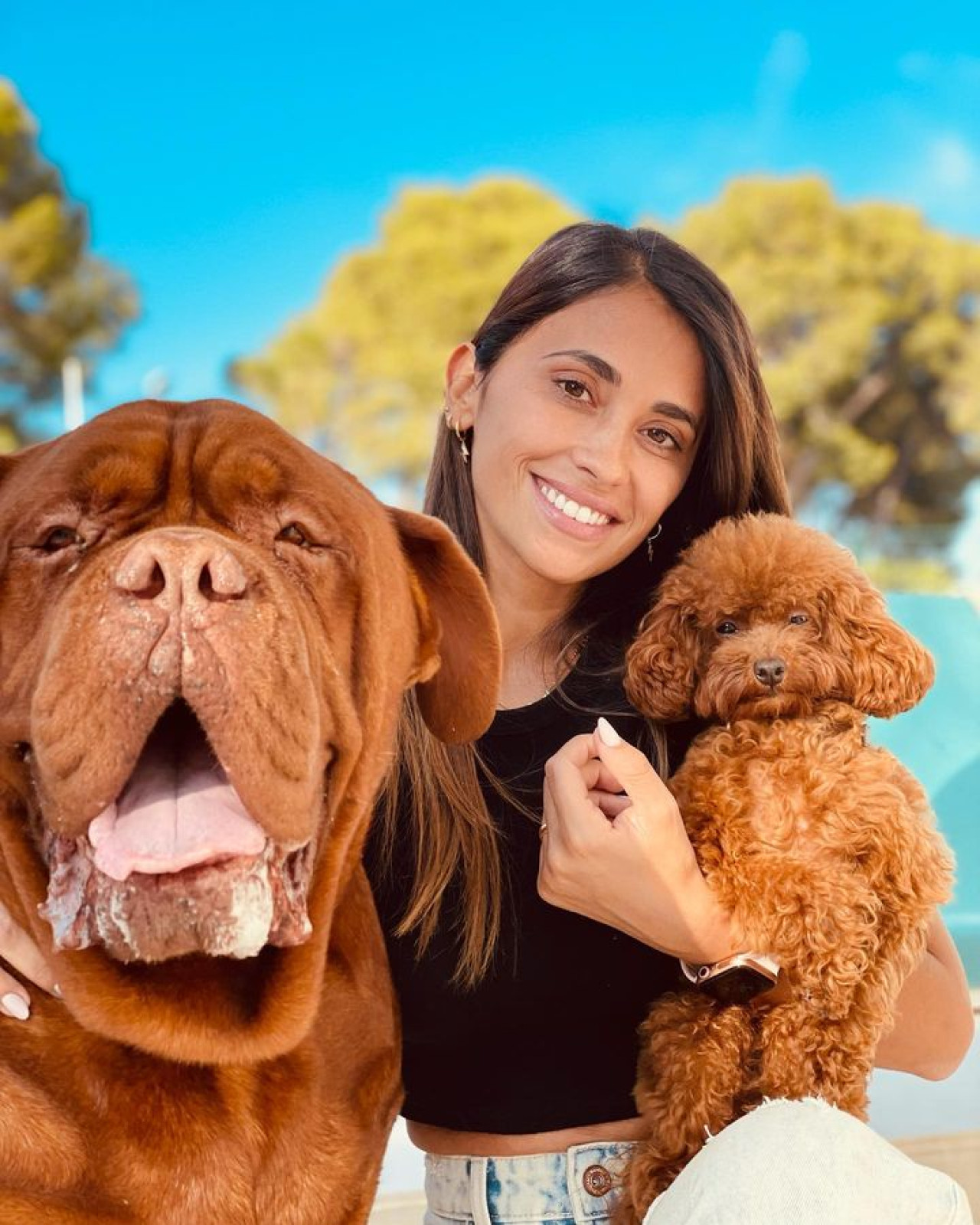 Anto Roccuzzo junto a sus mascotas Hulk (izquierda) y Abu (derecha). Foto: Instagram.