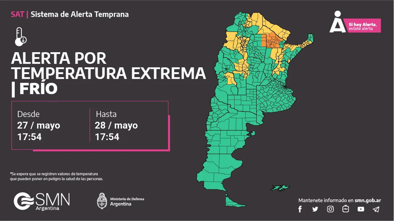 Alerta por frío y temperaturas extremas en 15 provincias. Foto: SMN.