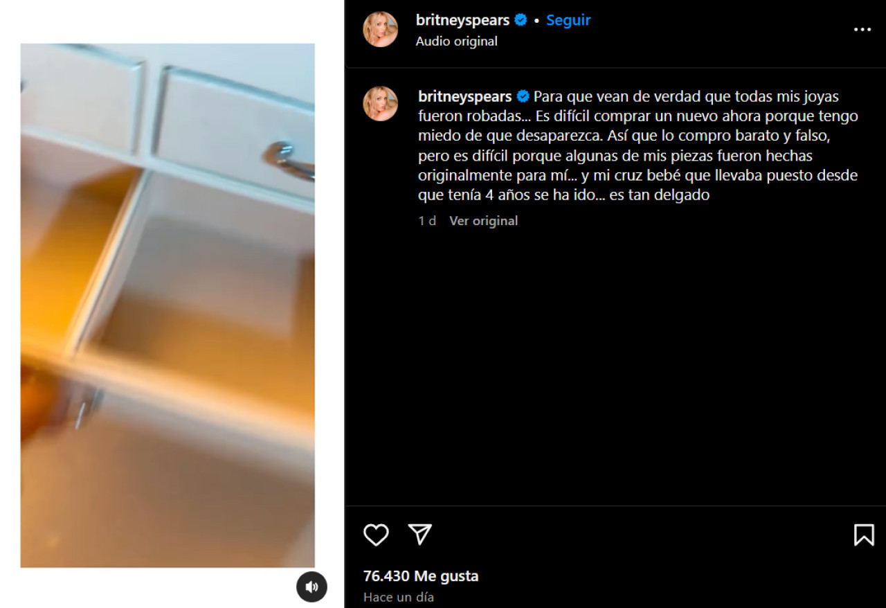 Britney Spears denunció en Instagram que le robaron todas sus joyas de su casa. Foto: Instagram.