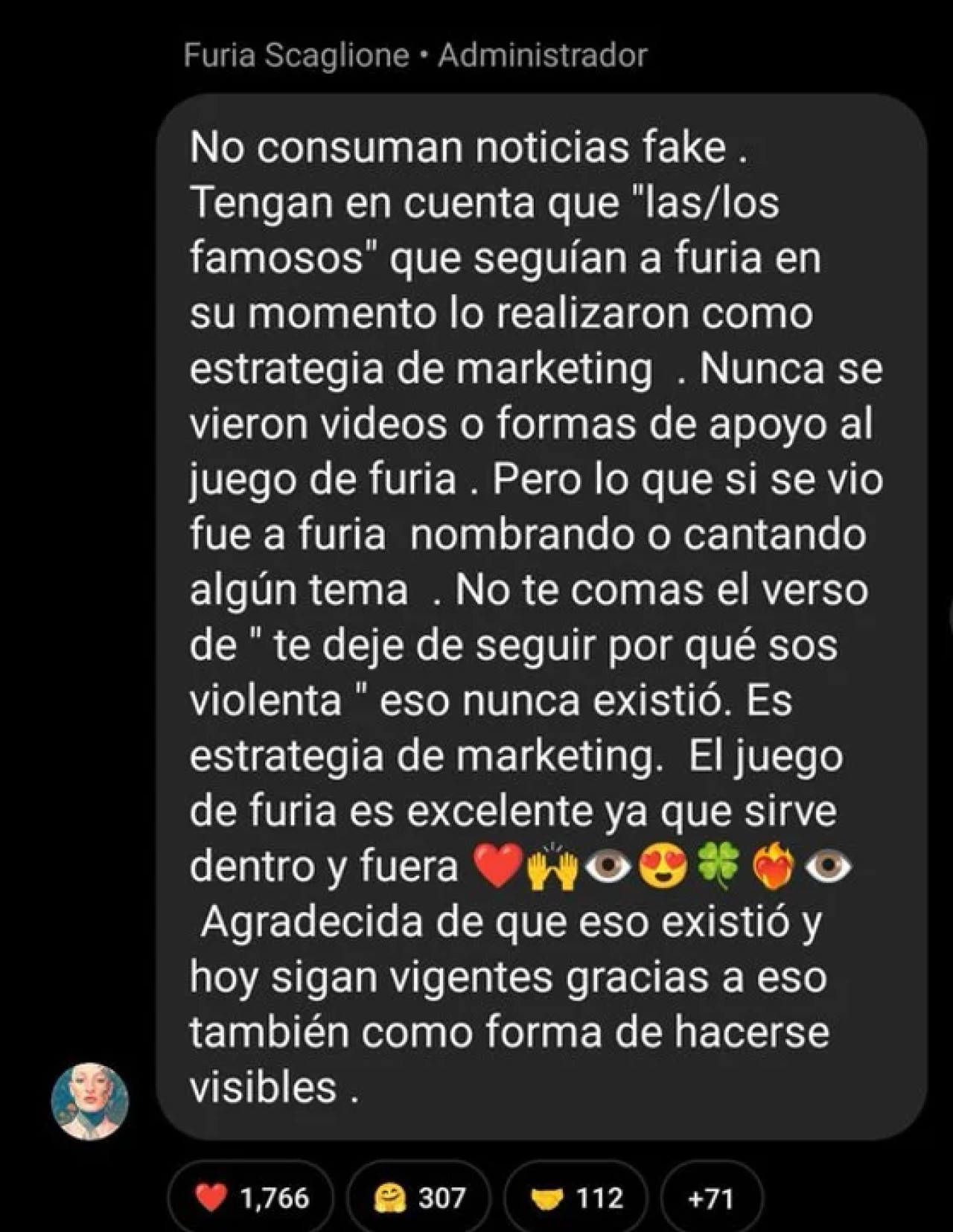 La publicación que hizo la hermana de "Furia" sobre María Becerra. Foto: Instagram @furiascaglione.