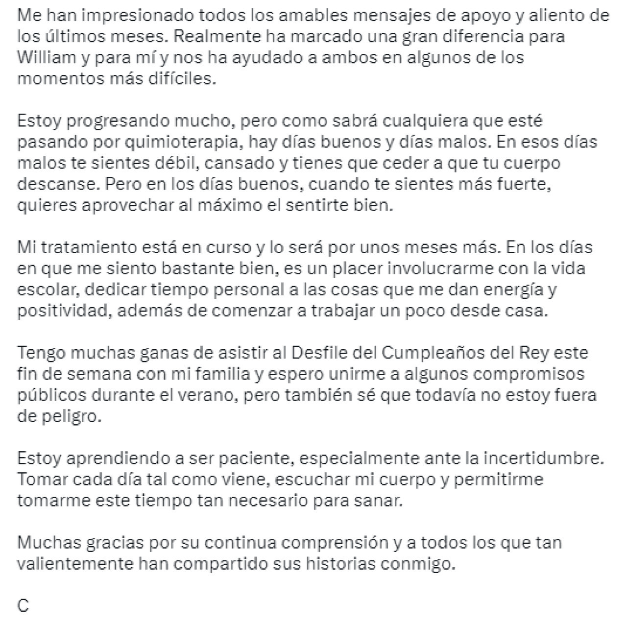 Comunicado de Kate Middleton. Foto: Twitter.