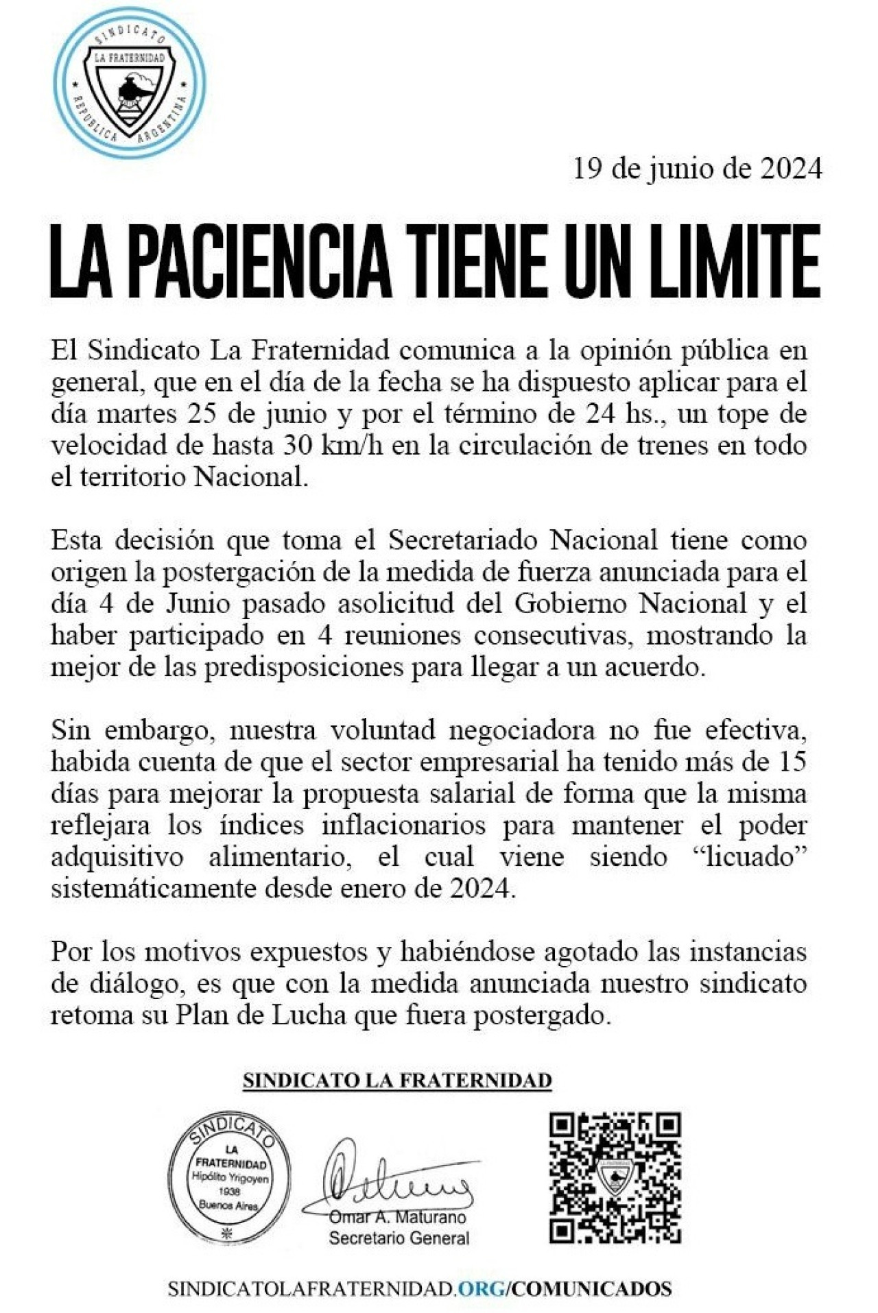 Comunicado de La Fraternidad por el paro de trenes del martes 25 de junio.