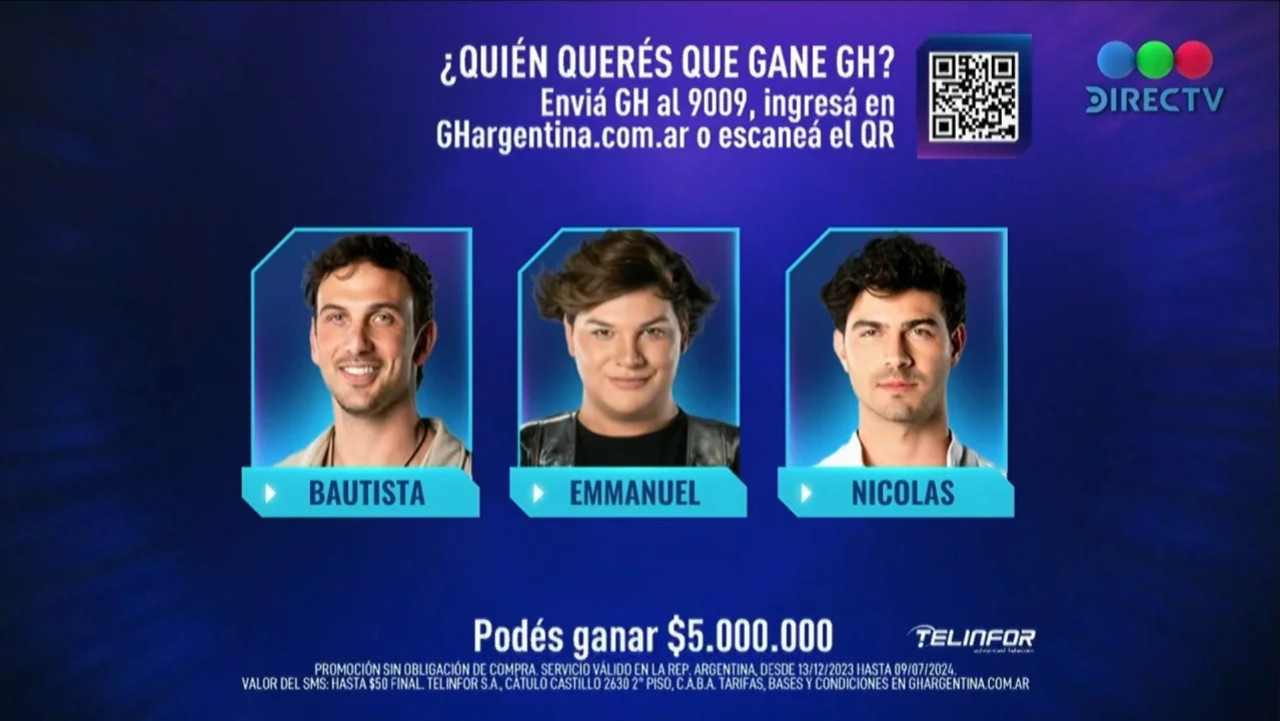 Bautista, Emma y Nicolás son los tres finalistas de Gran Hermano.