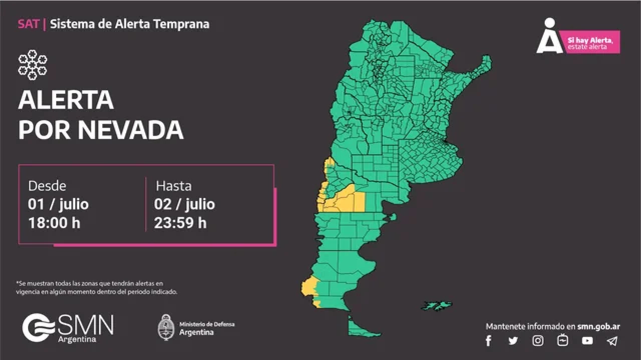 Mapa de alerta por nevadas para este martes. Foto: SMN.