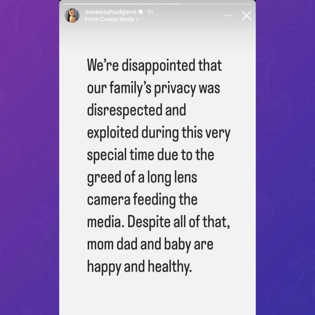 El mensaje de Vanessa Hudgens tras la filtración de la noticia del nacimiento de su hijo. Foto: Captura Instagram.