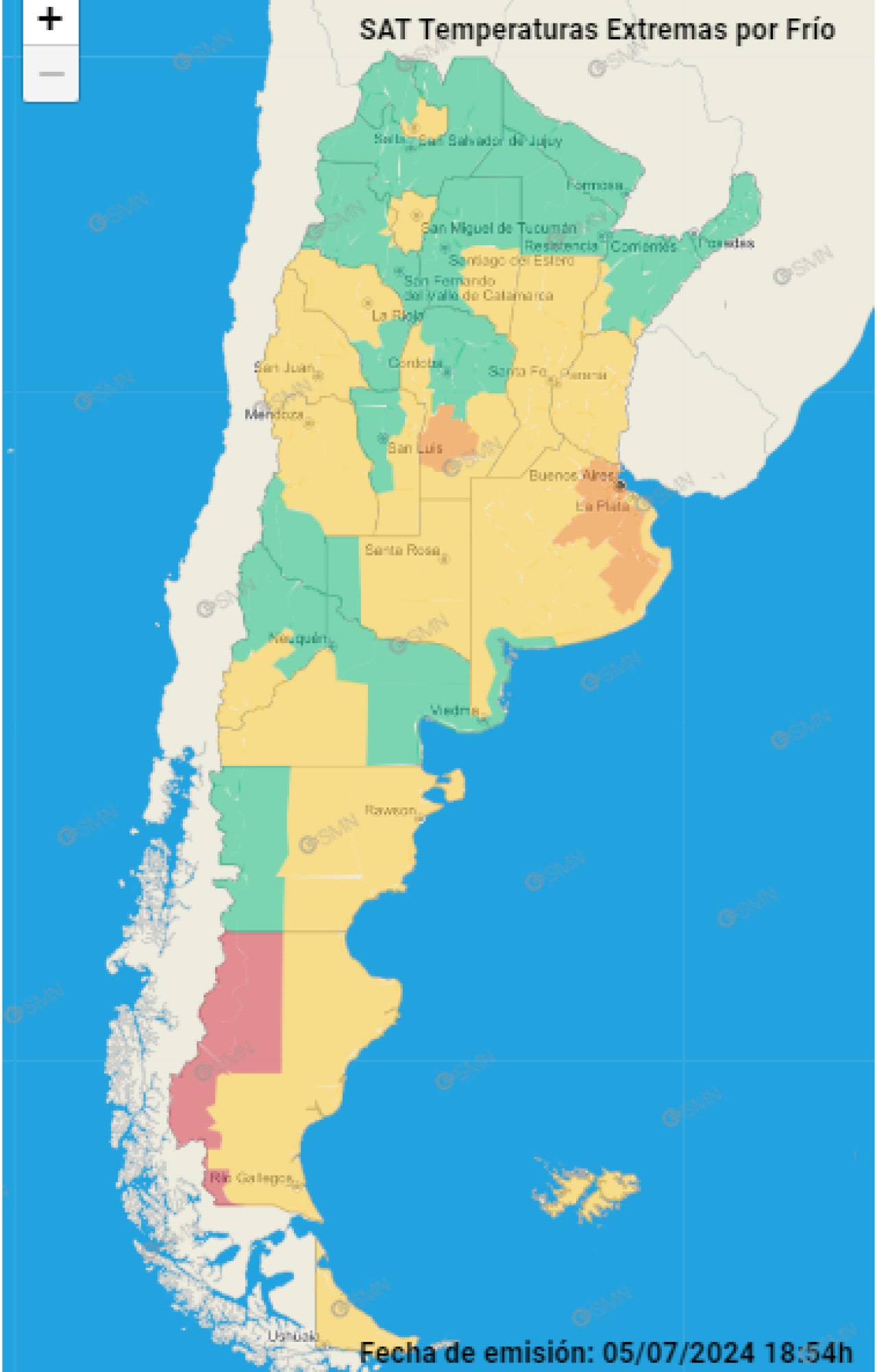 El mapa de Argentina y las distintas alertas por el frío extremo. Foto: SMN.