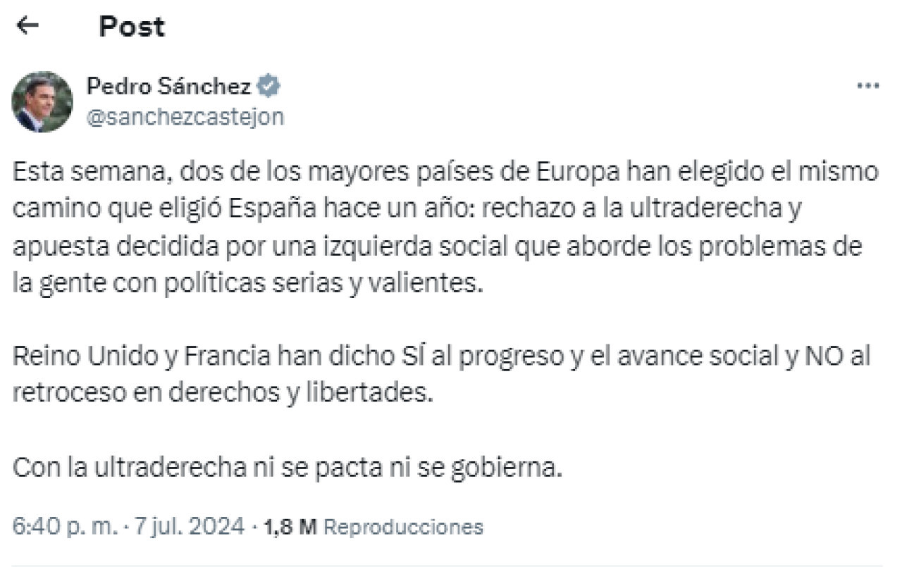 El tweet de Pedro Sánchez. Foto X.