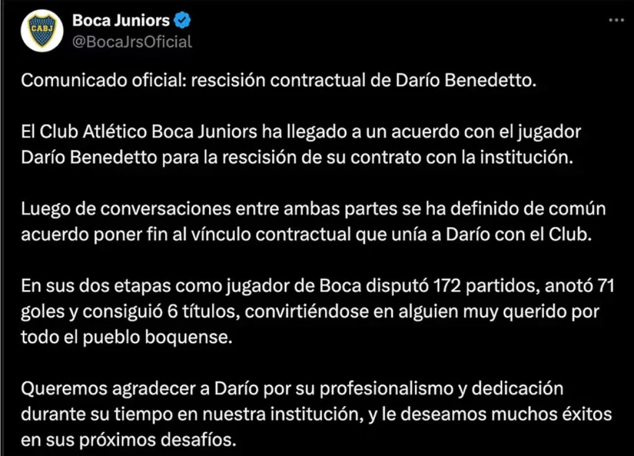 El comunicado de Boca tras la salida de Benedetto.