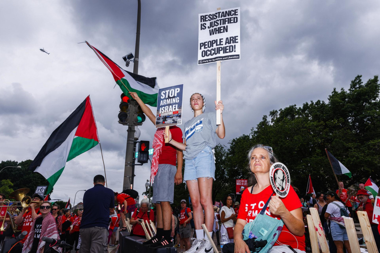 Los manifestantes portaban banderas de Palestina y pancartas. Foto: EFE.