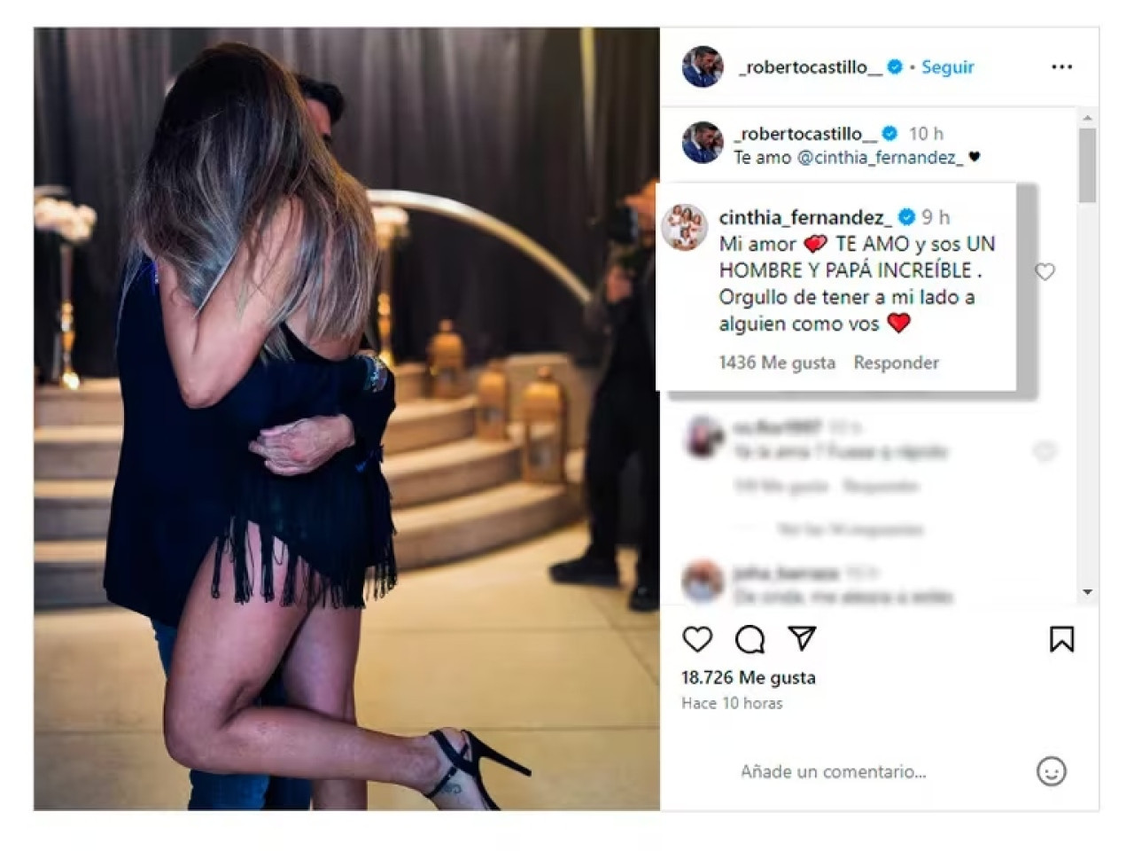 La respuesta de Cinthia Fernández a su novio Roberto Castillo. Fuente: Instagram.