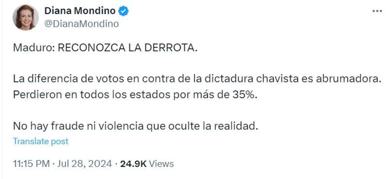 Diana Mondino pide a Nicolás Maduro que reconozca la derrota en las elecciones venezolanas. Captura de X.