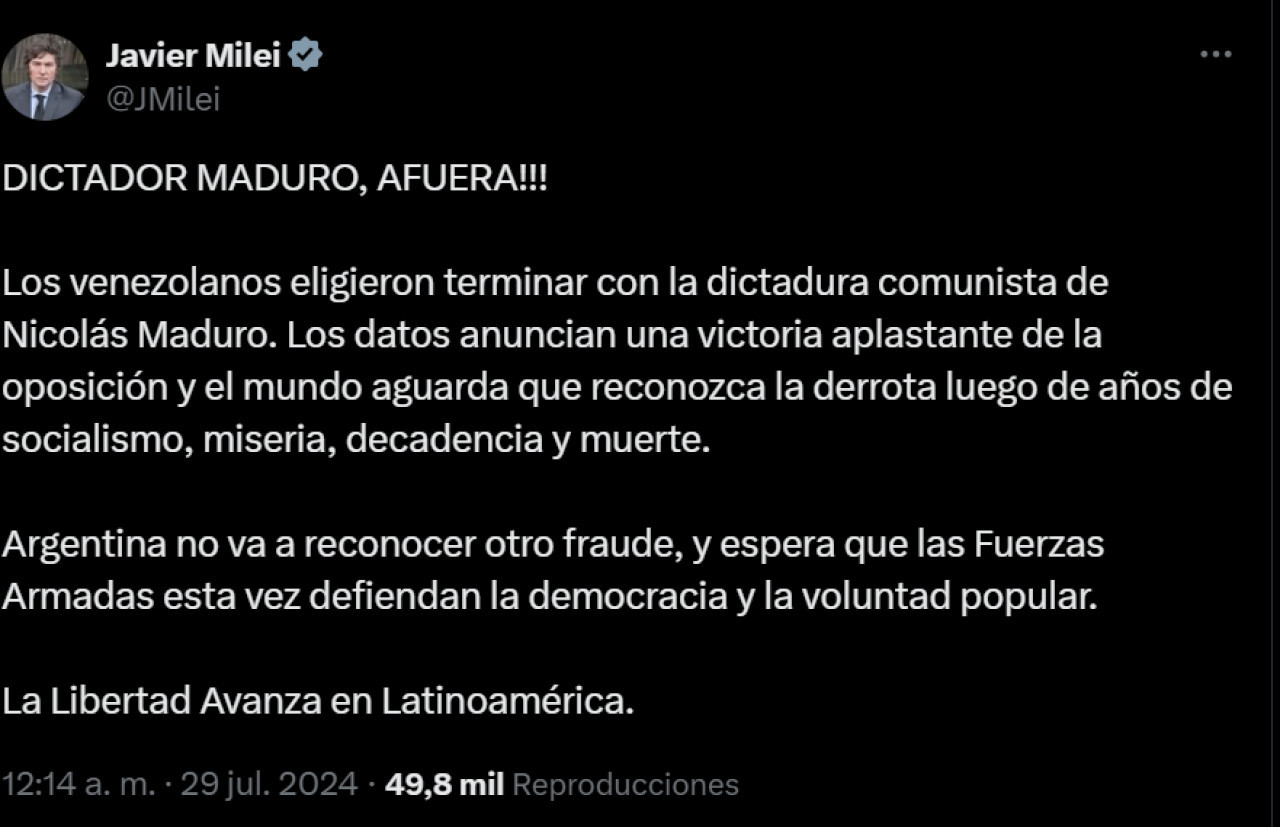 El tuit de Javier Milei.