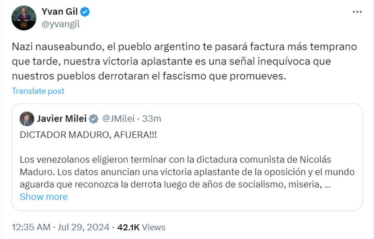 Respuesta del canciller venezolano al tuit de Milei.