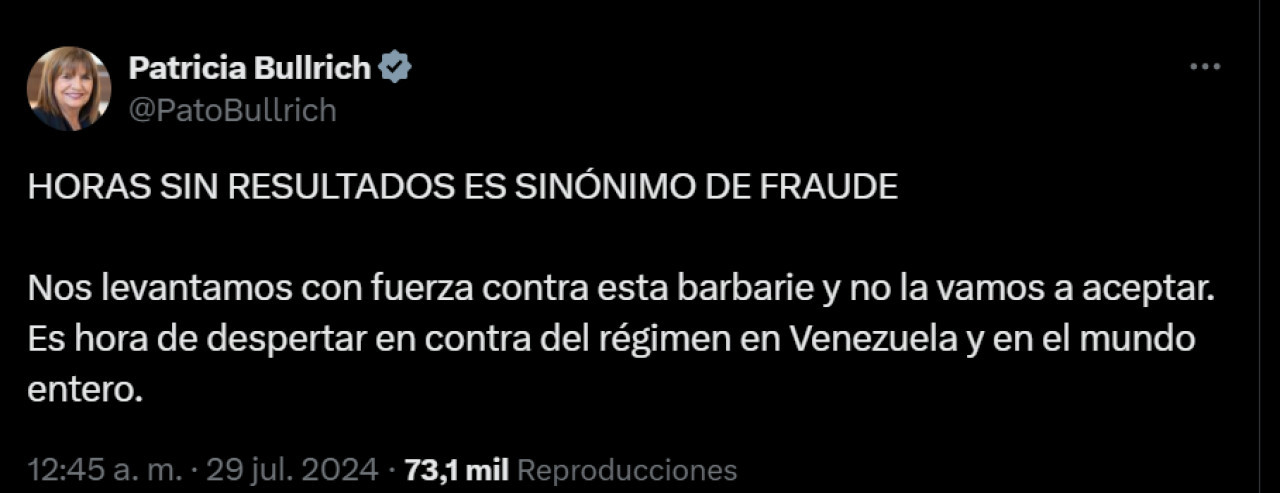 El tuit de Patricia Bullrich por las elecciones en Venezuela.