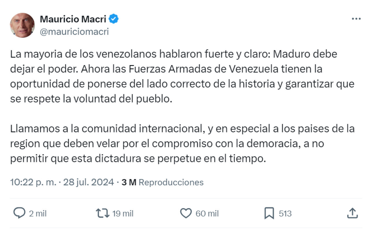 El descargo de Mauricio Macri. Foto: X.