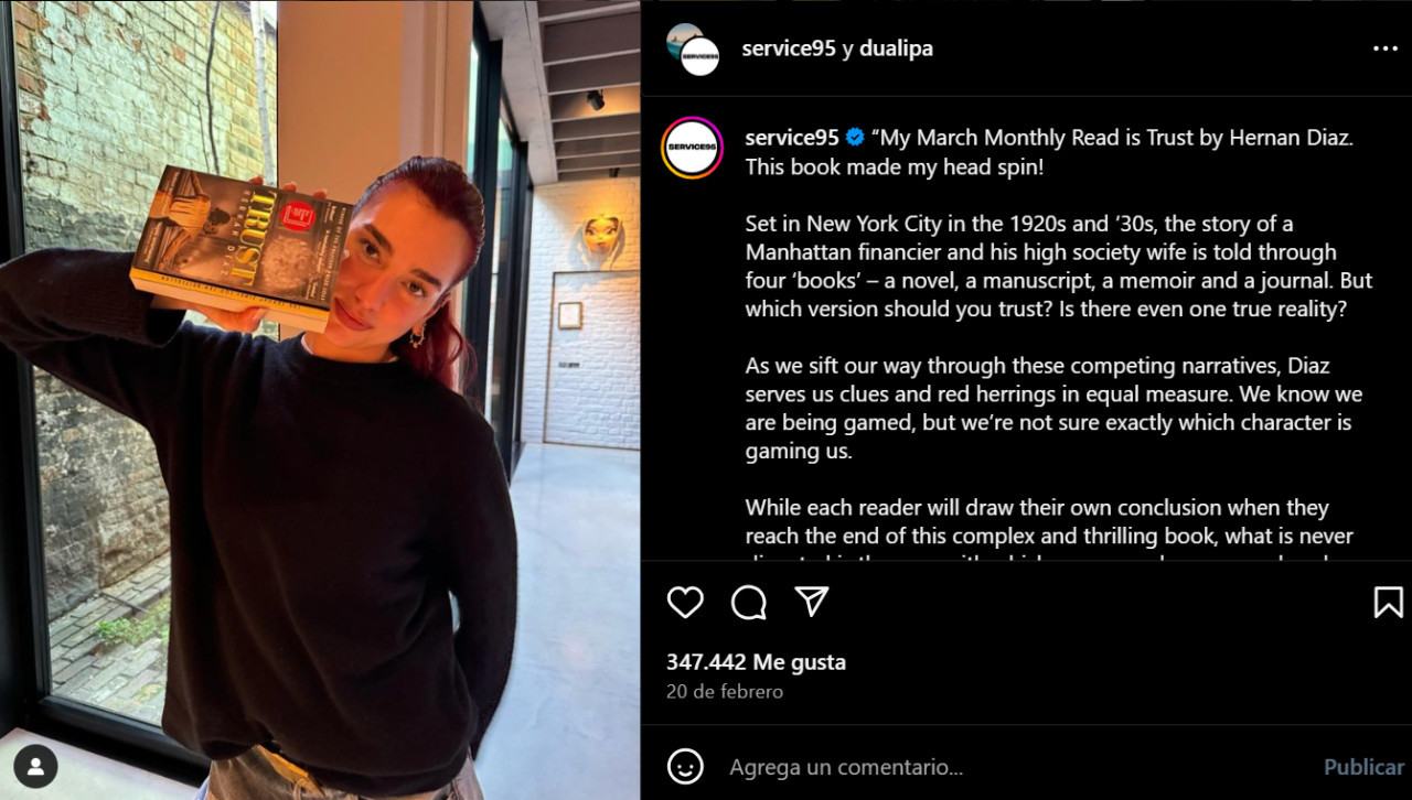 La publicación de Dua Lipa sobre el escritor argentino. Foto: Instagram.