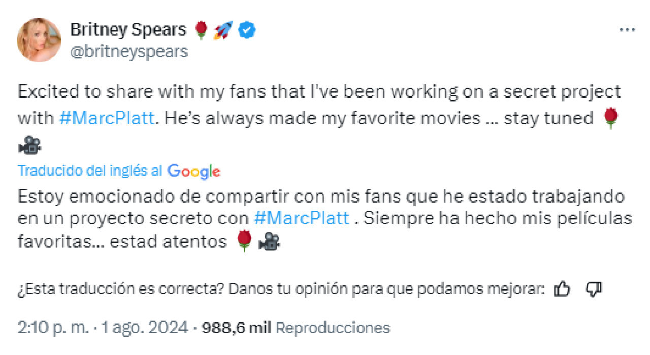 El tweet de Britney Spears sobre su película. Foto: Captura X.