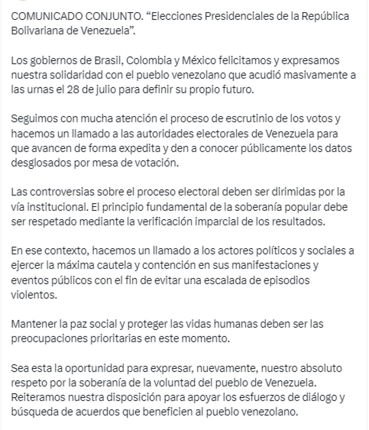 El comunicado en conjunto de Brasil, Colombia y México sobre las elecciones en Venezuela. Foto: Twitter.