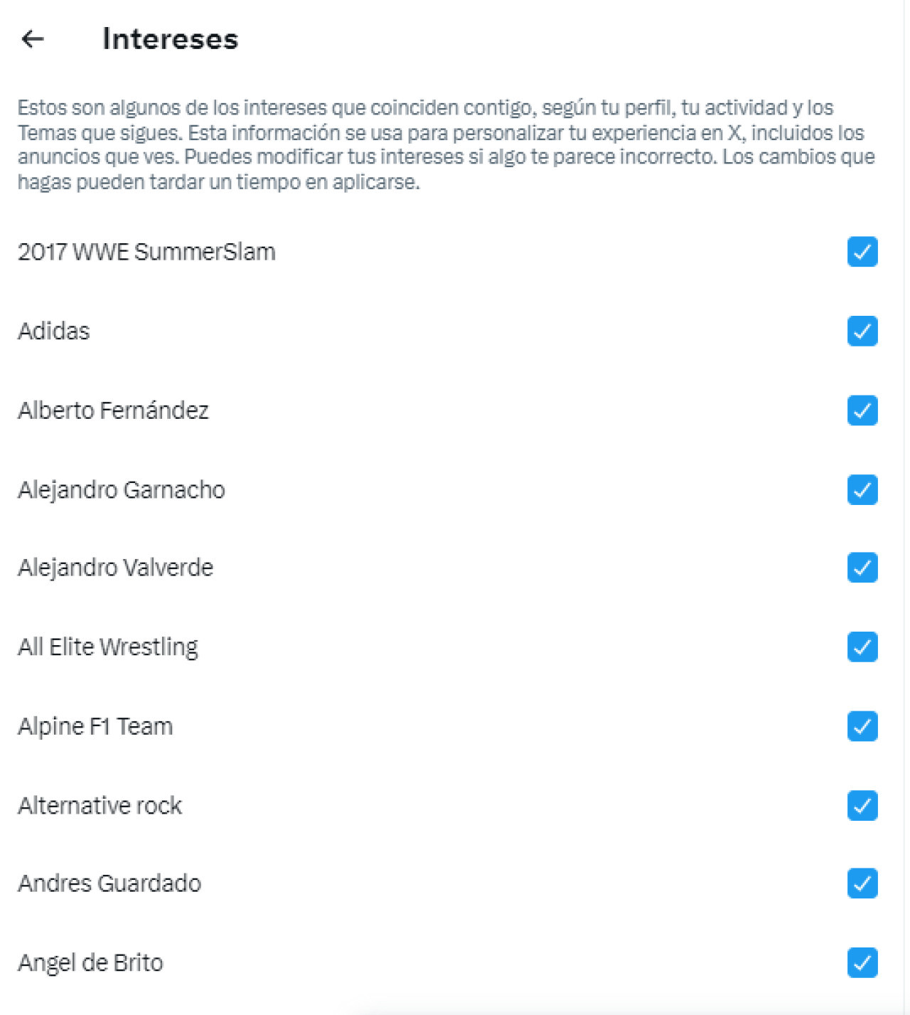 Pestaña de "Intereses" que muestra X. Foto: Captura pantalla.