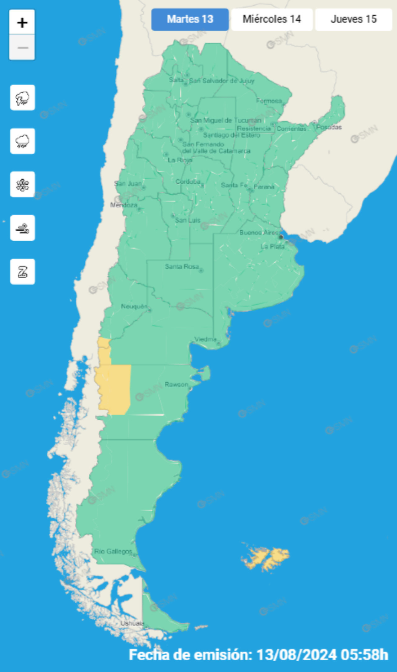 Las alertas que rigen por lluvias en Argentina. Foto: Servicio Meteorológico Nacional.