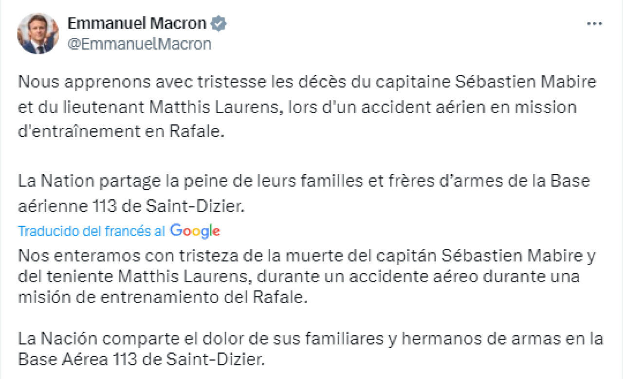 El mensaje de Emmanuel Macron tras el hallazgo de los cuerpos sin vida de los pilotos. Foto: Captura.