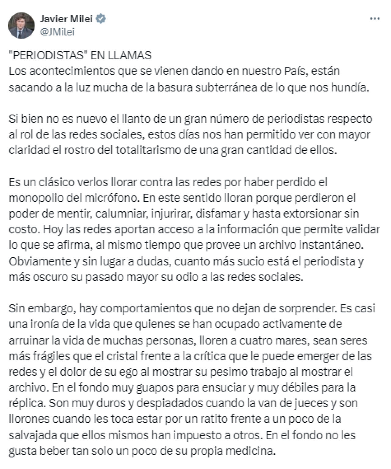 Primera parte del texto de Javier Milei contra una parte del periodismo. Foto: Twitter.