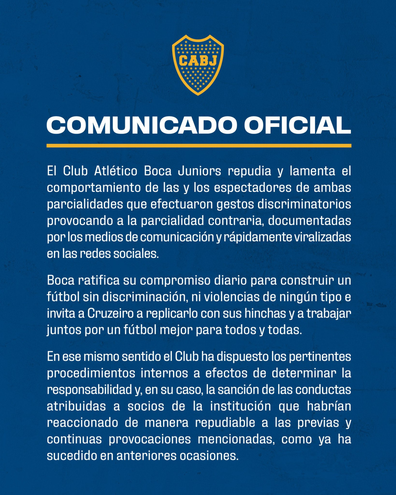 El comunicado de Boca Juniors tras el partido con Cruzeiro. Foto: X @BocaJrsOficial