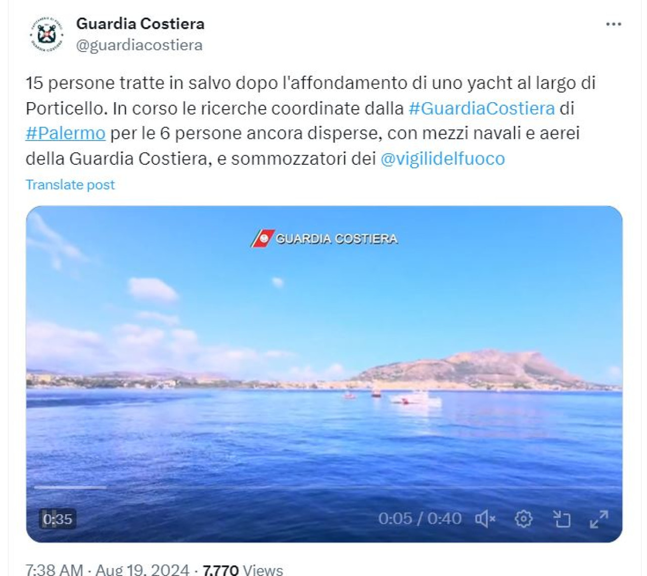 Se hundió un yate de lujo en la costa de Palermo, Italia. Foto captura X.