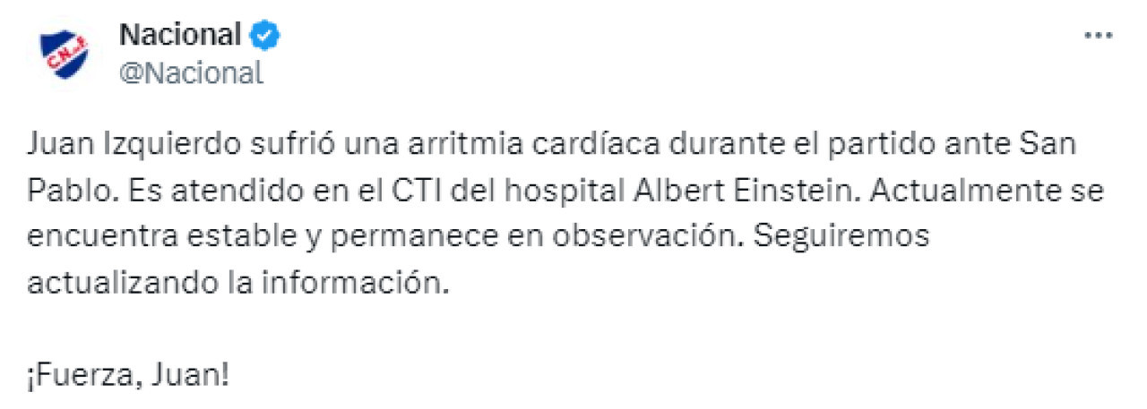 El comunicado de Nacional sobre la salud de Juan Izquierdo. Foto: X.