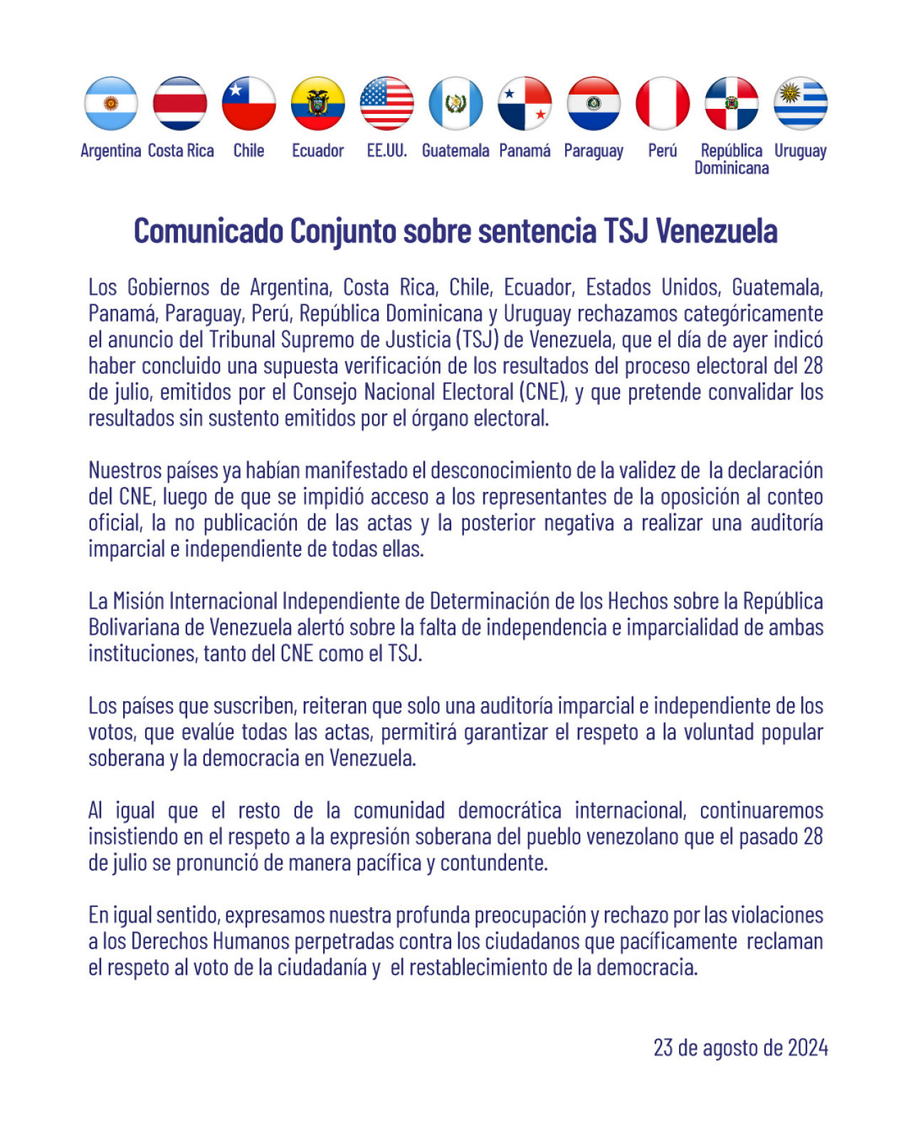 Comunicado Conjunto de Argentina, Estados Unidos, Chile, Uruguay y otros sobre sentencia TSJ Venezuela.