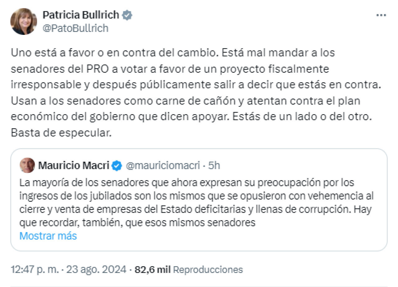 Patricia Bullrich le respondió a Mauricio Macri. Foto: X.