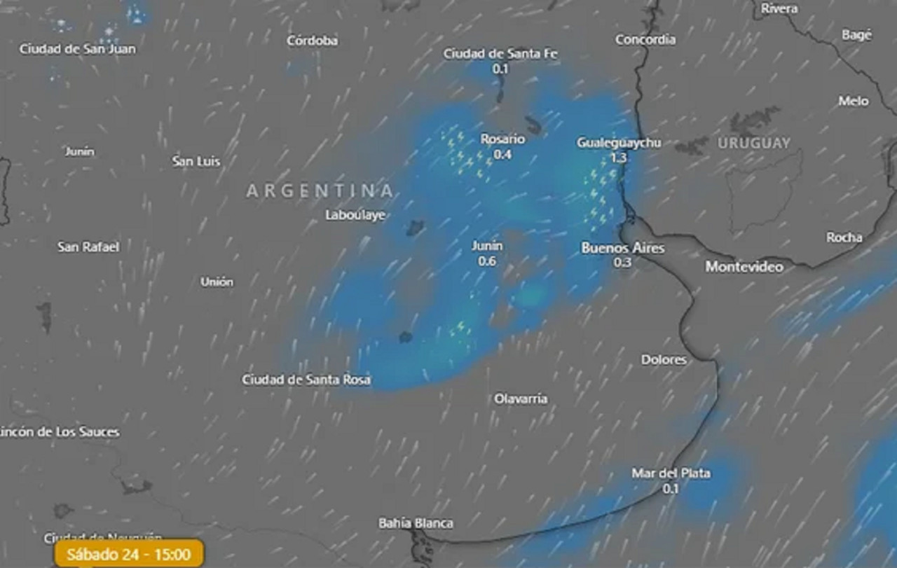 Mapa de caída de graupel en Buenos Aires y alrededores. Foto: X @Tiempo_Amba