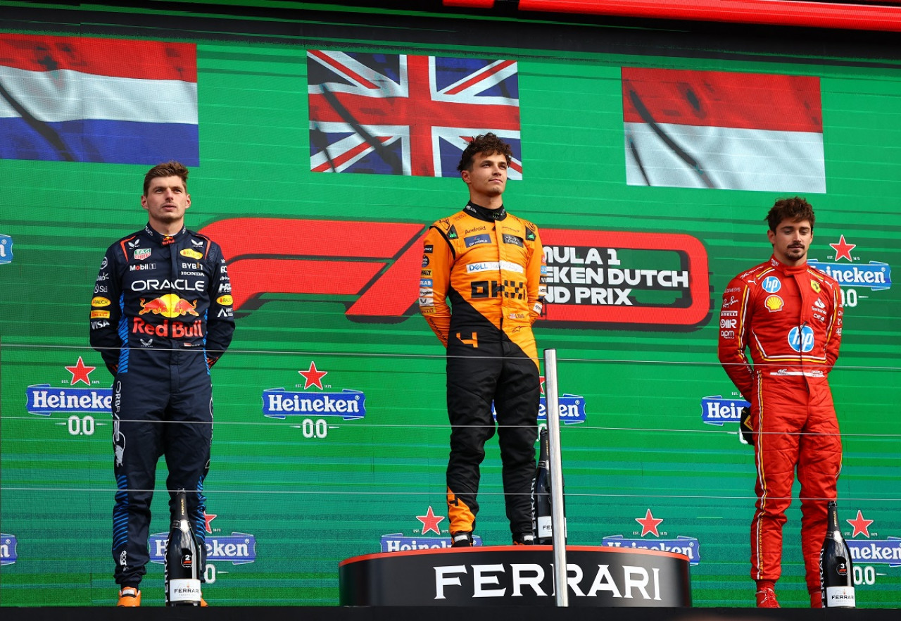 Max Verstappen, Lando Norris y Charles Leclerc. Foto: Reuters.