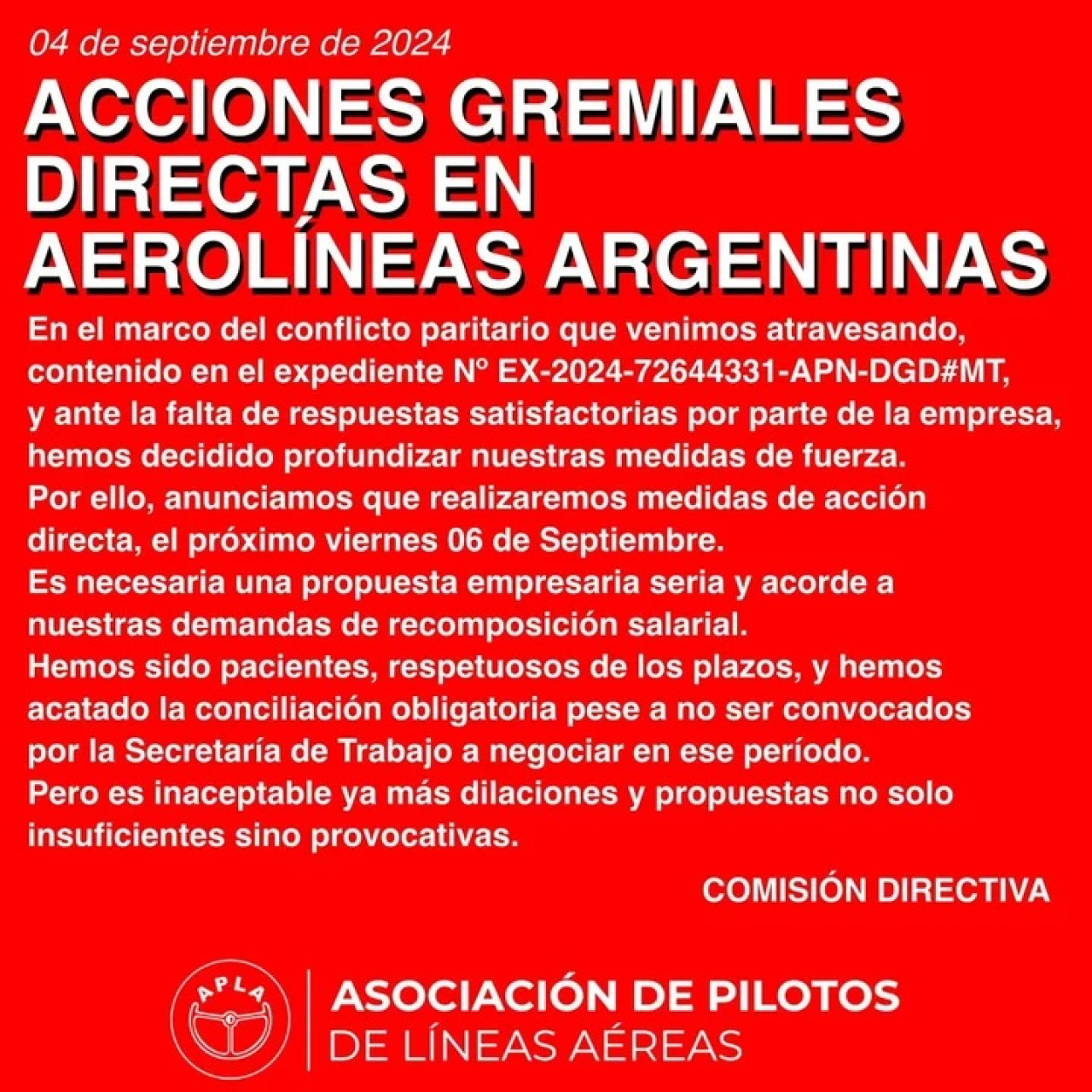 El comunicado de la Asociación de Pilotos de Líneas Aéreas. Foto: Gentileza APLA.