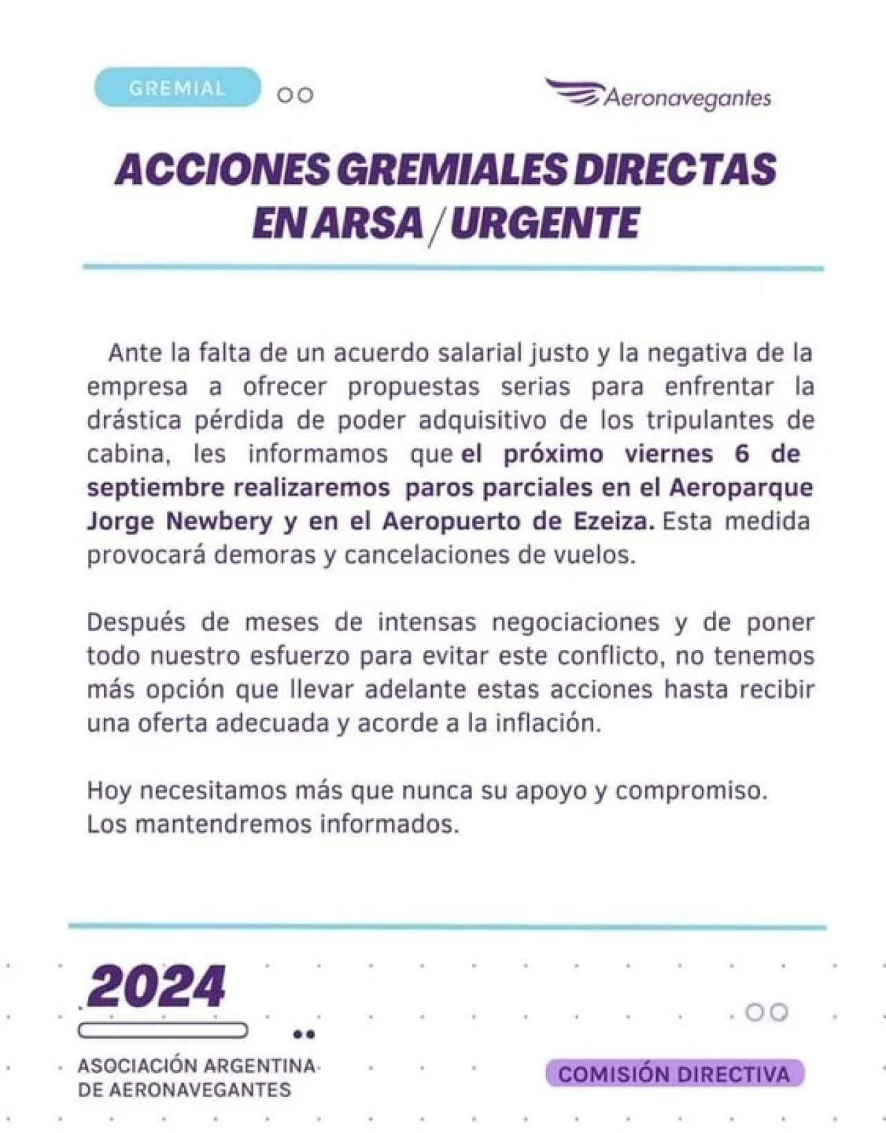 El comunicado de la Asociación Argentina de Aeronavegantes. Foto: Gentileza AAA.