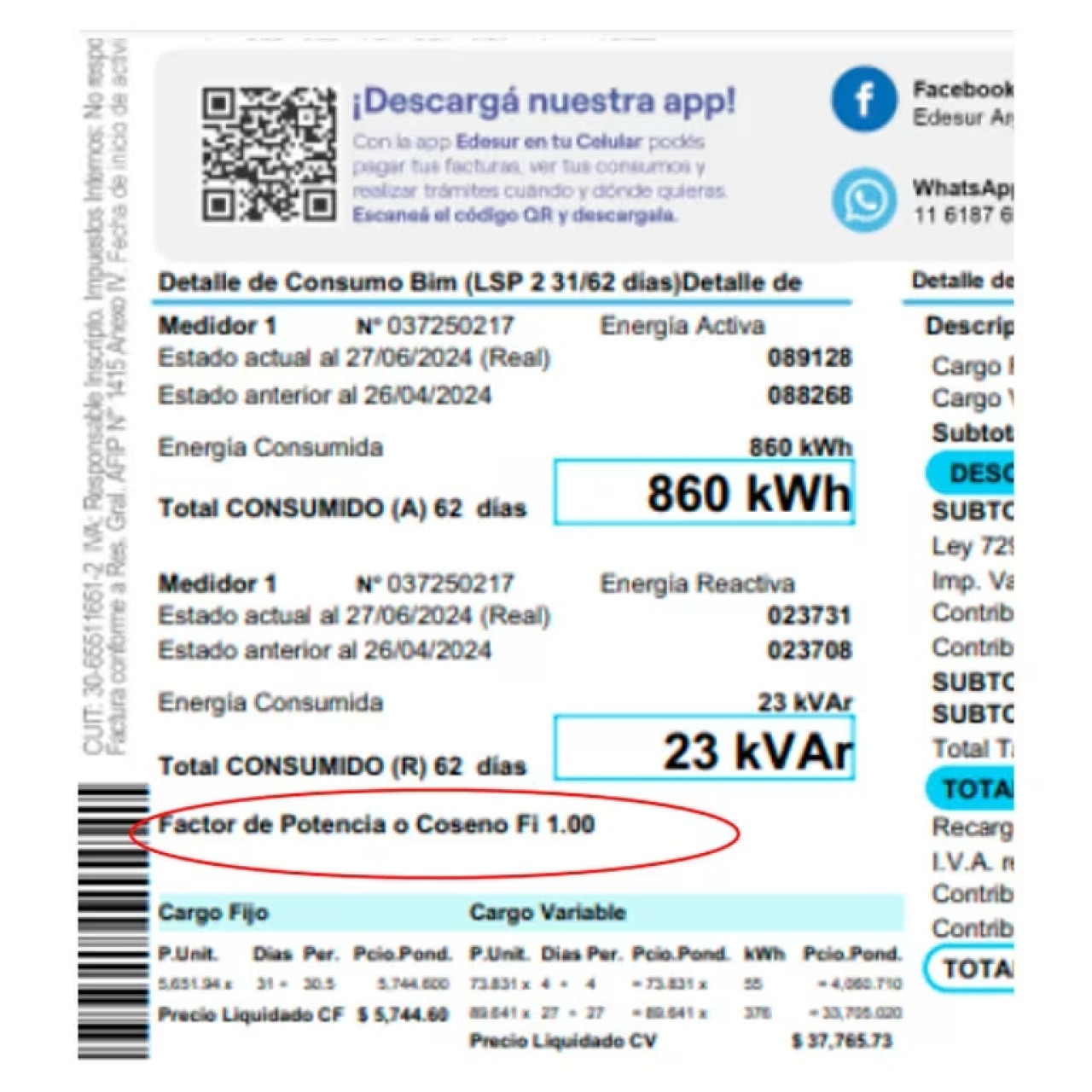 Dónde se ubica el Factor Potencia en la factura. Fuente: Edesur