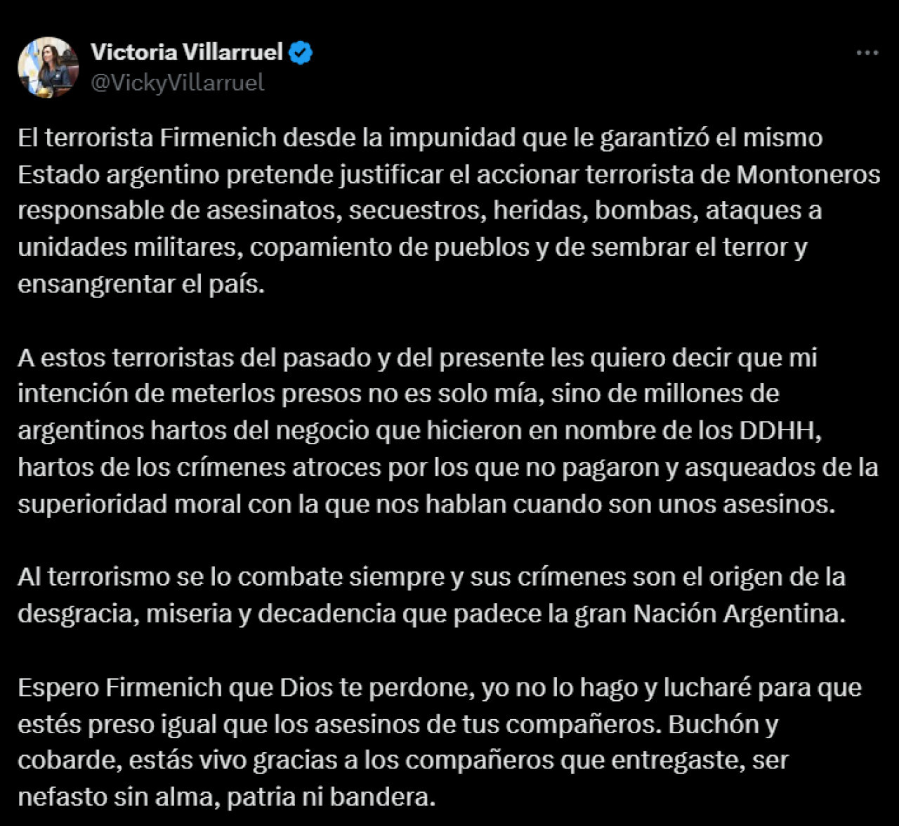 El tuit de Victoria Villarruel.