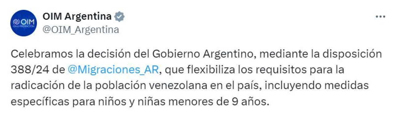 La Organización Internacional de Migraciones felicitó a Argentina por flexibilizar los trámites migratorios para venezolanos. Captura.