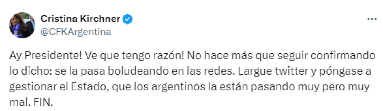 Críticas en redes sociales de Cristina Kirchner a Milei