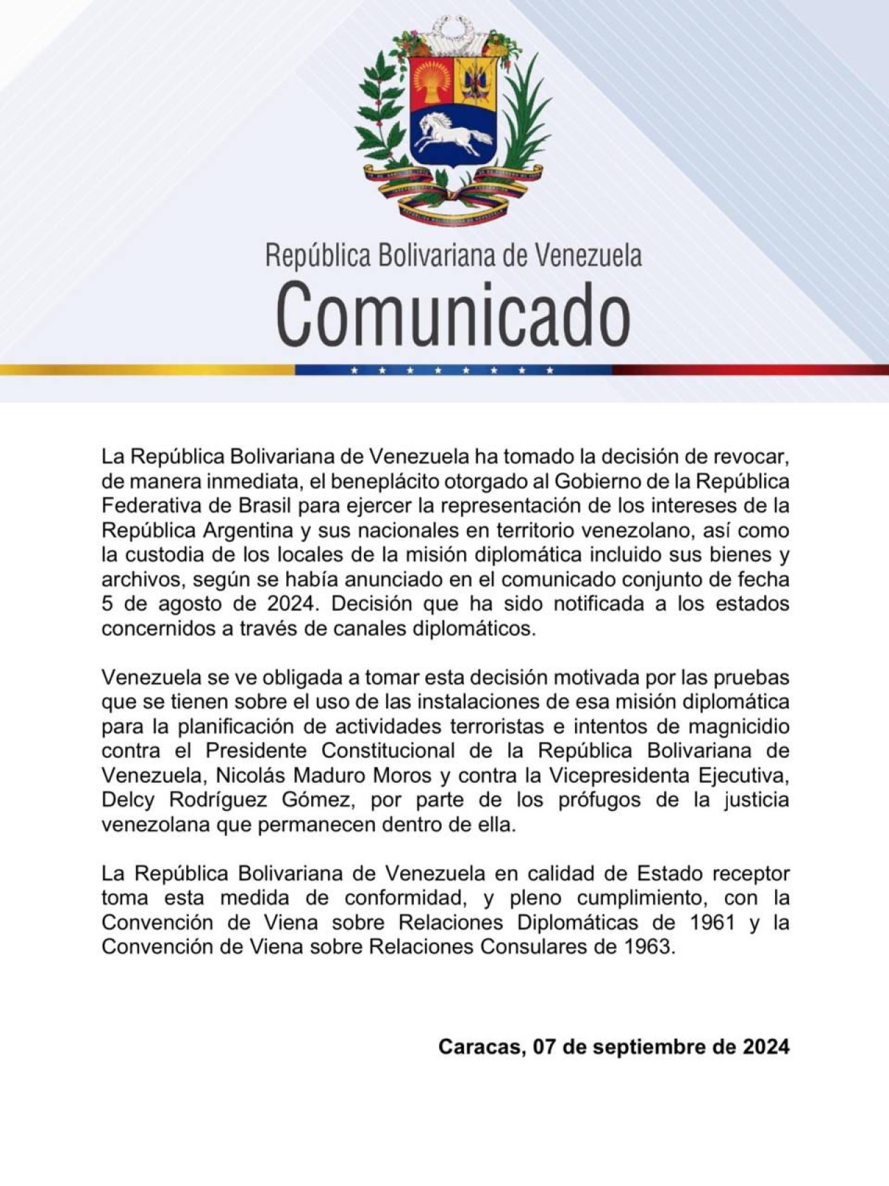 El comunicado del Gobierno venezolano.