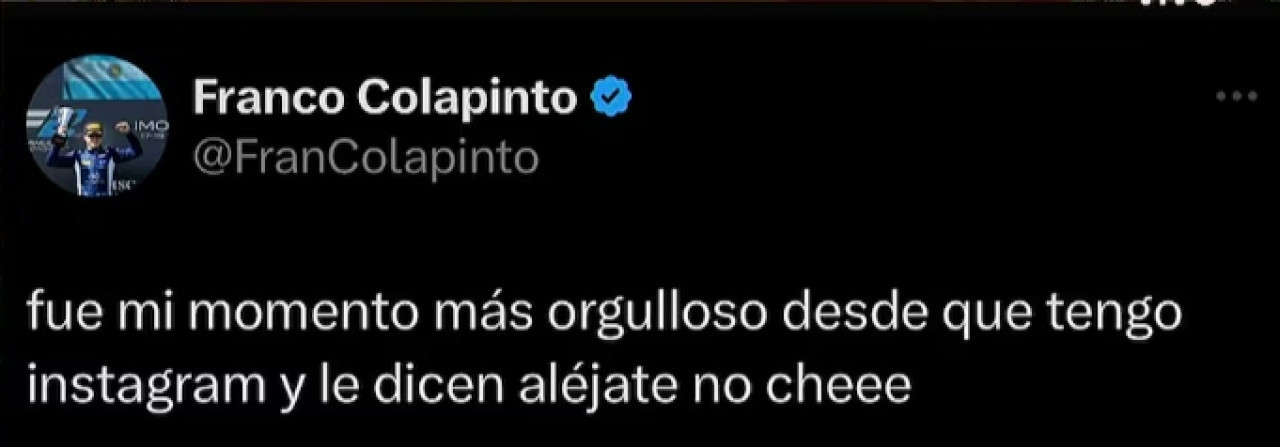 El tweet de Colapinto sobre la China Suárez que después borró. Fuente: X