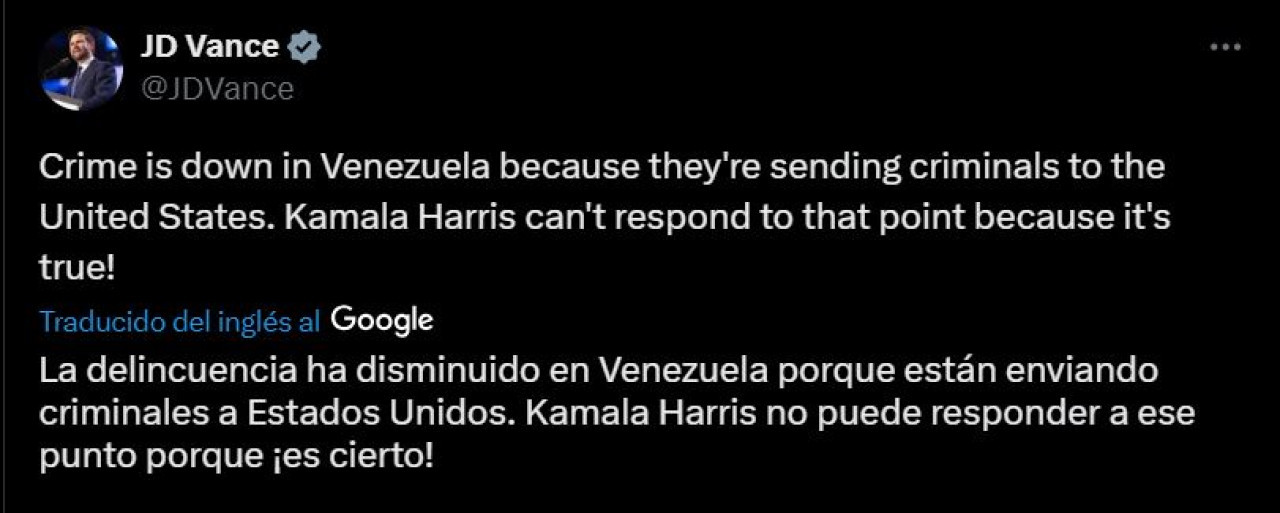 El tuit del candidato a vicepresidente de Donald Trum, JD Vance, sobre Venezuela. Foto: X