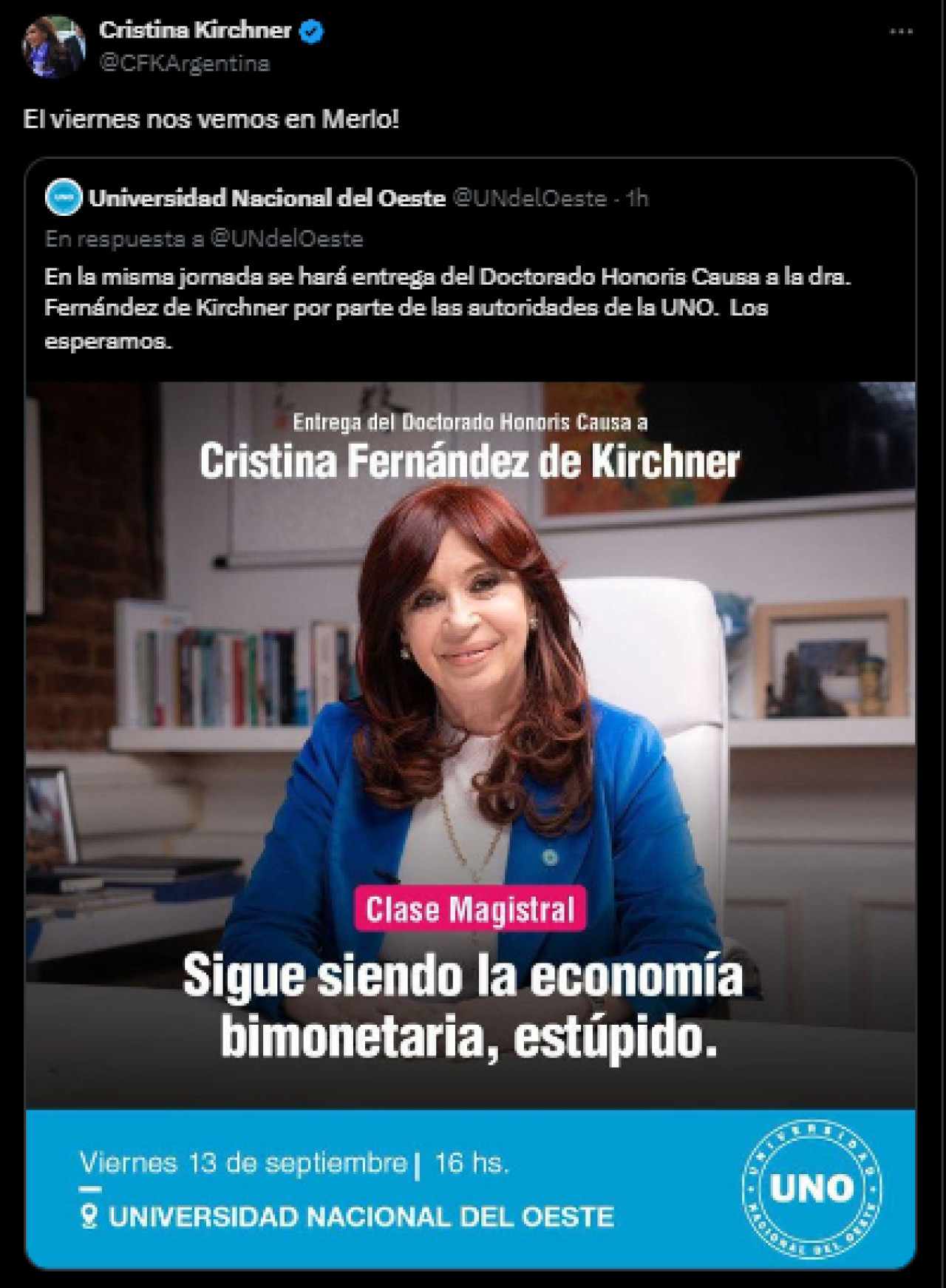 El anuncio de Cristina. Foto: Captura.