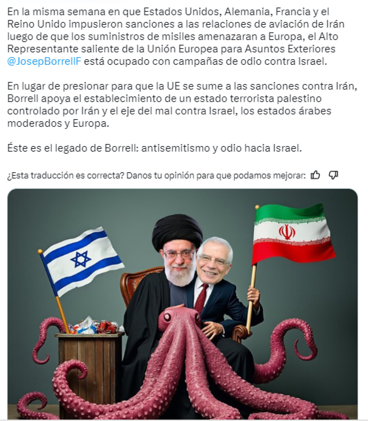 El mensaje del funcionario israelí contra Josep Borrell. Foto: Captura X.