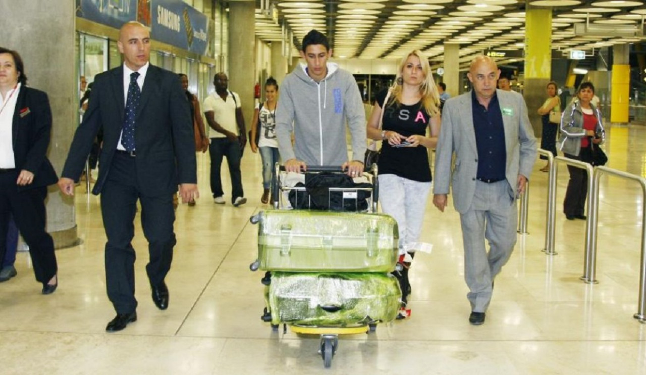 Ángel Di María y Jorgelina Cardoso llegando a Madrid. Foto: gentileza diario Marca