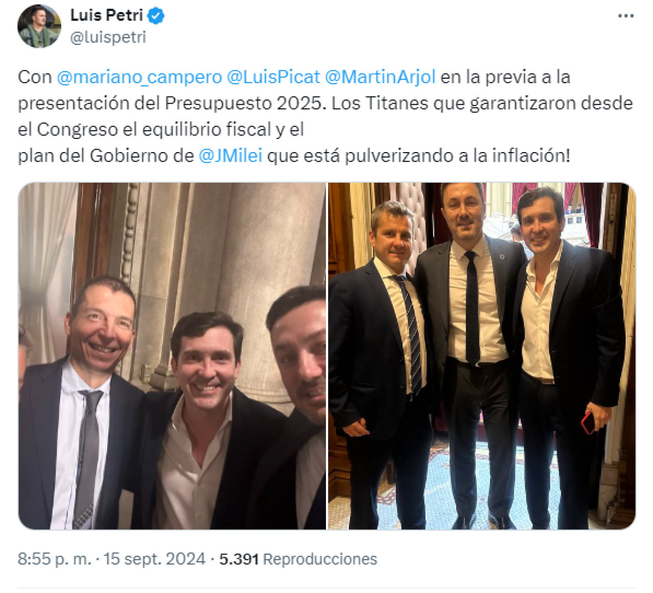 Luís Petri aseguró que Milei "está pulverizando a la inflación". Foto: X @Luispetri