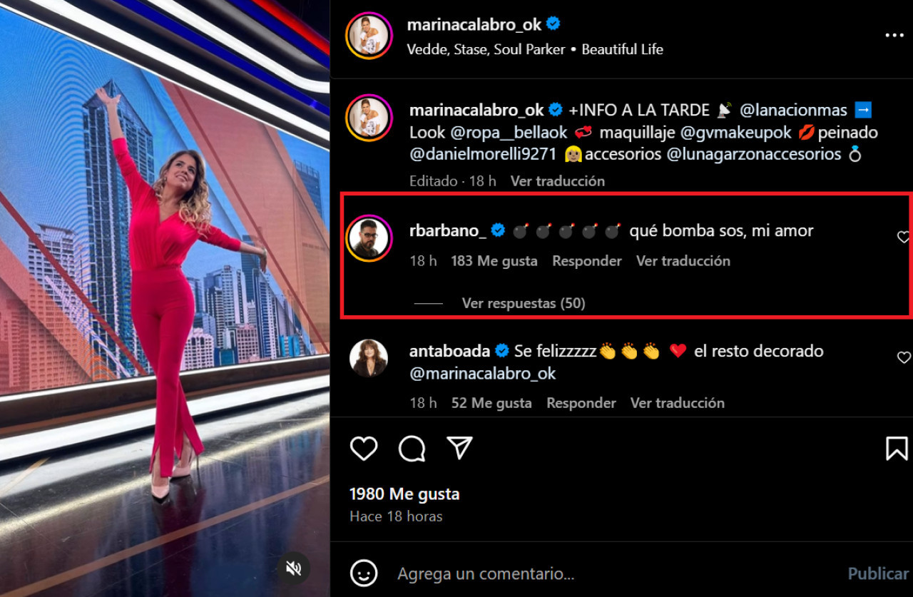 El comentario de Barbano en una foto de Marina Calabró. Foto: Instagram.