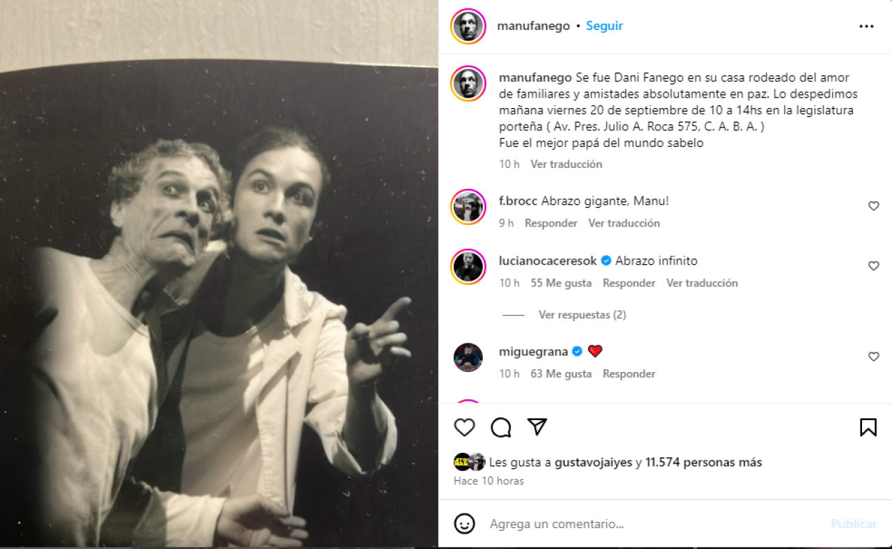 La publicación de Manu Fanego despidiendo a su padre. Foto: Instagram.