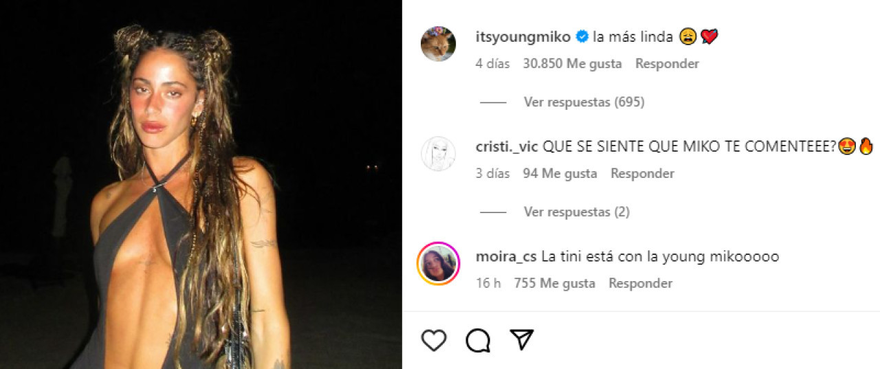 El comentario de Young Miko en la foto de Tini. Foto captura