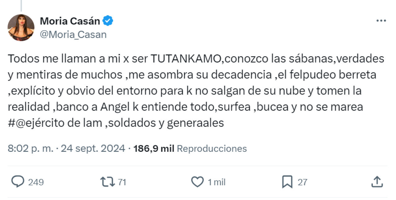 Polémico comentario de Moria Casán contra Pampita y Susana Giménez. Foto: X.